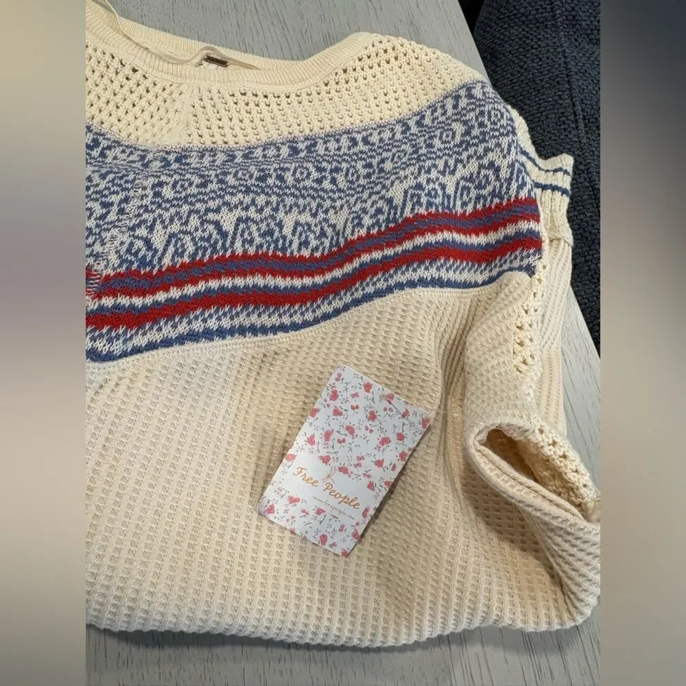 Free People Cream and Blue Knit Sweater